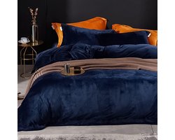 Winter Plush Bed Linen Set, 200 x 200 cm, Cashmere Touch Fluffy & Warm Coral Fleece, Plain Duvet Cover with Zip, Dark Blue, 200 x 200 cm + 2 x 80 x 80 cm