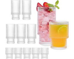 Winter Shore Bierglazen [12 Pack] - Glaswerk Set van 6 Kleine 210 ml & 6 Grote 350 ml Geribbelde Drinkglazen - Doorzichtig, Stapelbaar, Voedselveilig - Origami Stijl Bekers voor Koffie, Sap en Water