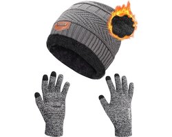 Winter Warm Gebreide Slouch Beanie Muts Skiën Nekwarmer Sjaal Handschoenen Reeks met Dubbellaags Fleece Voering voor Mannen Dames, 2 stuk. Grijs.