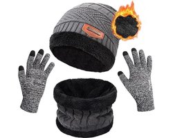 Winter Warm Gebreide Slouch Beanie Muts Skiën Nekwarmer Sjaal Handschoenen Reeks met Dubbellaags Fleece Voering voor Mannen Dames, Grijs 3 stuk.
