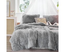 Winterbeddengoed, 135 x 200 cm, grijs, lichtgrijs, warm, pluche, langharig, wollig, flanel, omkeerbaar, dekbedovertrek met ritssluiting en kussensloop, 80 x 80 cm