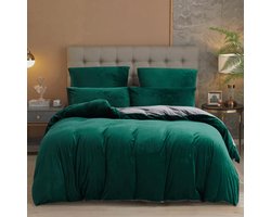 Winterbeddengoed, 220 x 240 cm, groen-grijs, pluche, warme beddengoedset, 3-delig, voelt aan als kasjmier, dekbedovertrek met ritssluiting en 2 x hoofdkussensloop van 80 x 80 cm