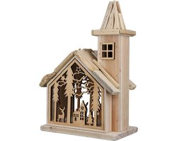 Winterhuisje met LED & Landschap hout 28 cm hoog - hout - winterfiguurtje - wintercollectie - eindejaarcollectie - decoratiefiguur - interieur - geschikt voor binnen - kerstcollectie - kerstdecoratie - kerstfiguur - cadeau - geschenk - kerst