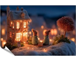 Winterse Poster - Muurschildering Huis - Woonkamer Decoratie - Verlicht Huis Figuren - 130x90cm - Winterse Kleuren
