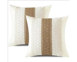 WiseGoods Premium Kussenhoes 40x40CM Boho - Geweven Gestreept - Decoratief - Bank / Woonkamer & Slaapkamer - Hoes Creme / Bruin