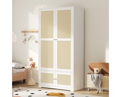 Wishdor - 2-Deurs Kledingkast - Met Rotan Deuren En Kledingroede - Voor Slaapkamer - MDF - Wit - 90 X 48 X 180 Cm