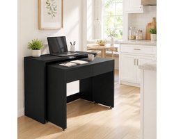 Wishdor 2-in-1 compact bureau - Uitschuifbaar en opklapbaar - Met wielen en lades - Modern design - Woonkamer kantoor slaapkamer - Bewerkt hout - Zwart - 110 x 40 x 78 cm