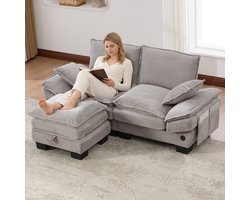 Wishdor - 2-Zits Bank Met Hocker - Brede Zitting En USB-C-Aansluiting - Modern - Voor Woonkamer Of Ontvangstruimte - Corduroy - Lichtgrijs