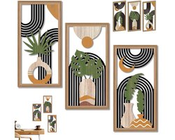 Wishdor 3-Delige Houten Wanddecoratie - Boho Muurkunst - 40x20 cm - Botanisch & Geometrisch - Wandpaneel Set - Voor Woonkamer & Slaapkamer