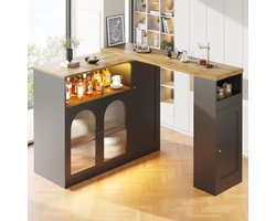 Wishdor 360° draaibare bartafel – matzwart MDF met houtnerf-blad, glazen deur & LED, uitbreidbaar tot 197 cm