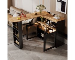 Wishdor - 360° Draaibare Bartisch met LED Verlichting - Zward - 138-193x39x105cm - Spanplaat & Metaal - 3-traps Opbergsysteem - Glazen Front - Uitschuifbaar & Verstelbaar - 50kg Draagvermogen - Eenvoudig te reinigen - Incl. Montagemateriaal