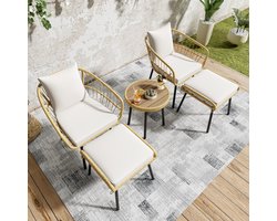 Wishdor - 5-Delige Tuinset - Met Tafel, Stoelen En Krukken - Modern - Voor Tuin En Terras - Rotan - Wit En Naturel