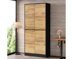 Wishdor Archiefkast - Twee verstelbare planken en zacht sluitende deuren - Hoge opbergkast voor ordners boeken en documenten - Modern - Kantoor woonkamer en hal - Bewerkt hout - Zwart en eikenhoutlook - 80 x 35 x 180 cm