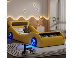 Wishdor – Autobed 90x200 cm – Met Lichtgevende Wielen & Opbergvak – PU Geel