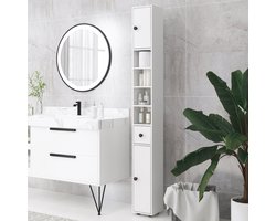 Wishdor - Badkamerkast - Smal Ontwerp Met Lade, 4 Open Vakken En Verstelbare Planken - Staande Opbergkast Voor Badkamer Of Woonkamer - Spaanplaat Met Melaminecoating - Wit - 180 X 20 X 20 Cm