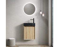 Wishdor - Badkamermeubel Met Geïntegreerde Wastafel - Wandmontage - Modern - Marmer - Zwart En Wit Eiken