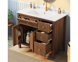 Wishdor Badkamermeubel met wastafel - Staand, zachtsluitende deuren - Vier lades en dubbele deuren - Verticale golfstructuur - Badkamer appartement - MDF en hout - Walnoot - 91 x 48 x 88 cm