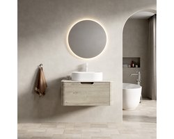 Wishdor - Badkamermeubel - Ovale Wastafel En Gebogen Kast - Wandhangend - Keramiek En Gesinterde Steen - Beige En Wit - 80 Cm