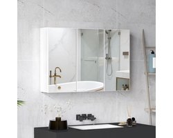 Wishdor - Badkamerspiegelkast - Met 3 Spiegeldeuren, 5 Opbergvakken En Greeploos Ontwerp - Modern Wandmodel Voor Badkamer - Ruimtebesparend - Spaanplaat En Glas - Wit - 90 X 15,5 X 60 Cm