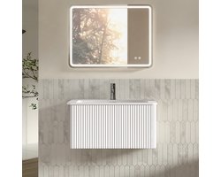 Wishdor Badmeubelset met wastafel en LED-spiegel - Hangende onderbouwkast met één lade - Dimbare verlichting en anti-condensfunctie - Verticaal ribbeldesign - MDF - Wit