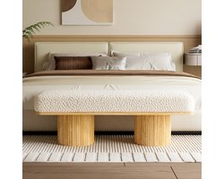 Wishdor - Bankje - Teddy Bekleding - Minimalistisch - Voor Hal Of Slaapkamer - MDF En Hout - Wit En Natuurlijke Houtkleur - 122 Cm