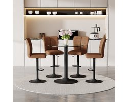 Wishdor Barset met 4 barkrukken - Ronde glazen bartafel 89 cm - Draaibaar en hoogteverstelbaar - Modern design - Metaal en technologie-stof - Bruin zwart transparant