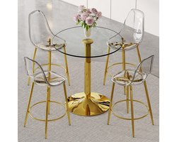 Wishdor Barset met glazen tafel en 4 barkrukken - Modern - Transparant - Goudkleurig metaal - 89 cm ronde tafel - Voor open keuken en bar - Met voetsteun