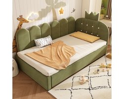 Wishdor Bedbank 90x200 cm - Met uitziehbed en kroonvormig hoofdeinde - Groen fluweel en metaal - Kindvriendelijk - Inclusief bedlade voor extra slaapplaats