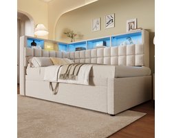 Wishdor Bedbank en Gestoffeerd Bed met Pop-Up Uitschuifbed - Smart L-Hoofdbord met Bluetooth & LED - Linnen Beige - 90x200 tot 180x200 cm