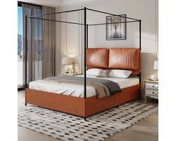 Wishdor Bedframe 140x200 cm - Afneembare Hemel - Bruin PU & Metaal - 12 Latten - Sfeervol & Stevig