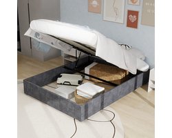 Wishdor Bedframe – 160 x 200 cm – Geometrisch Hoofdbord met Siernagels – Stof en Metaal Grijs – Lattenbodemframe met Vochtbescherming – Zachte Hollandse Wol – Stijlvol voor Moderne Slaapkamer – Eenvoudige Montage