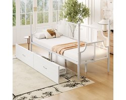 Wishdor Bedframe 90x200 cm van metaal, vintage sofa-ontwerp met net rugleuning en 2 opbergladen, wit