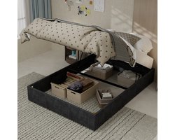 Wishdor - Bedframe - Met Gasveer - Verstelbare Rugleuning - Stof En Metaal - Grijs - 140 X 200 Cm