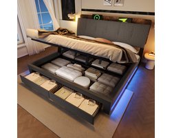 Wishdor Bedombouw 180x200 cm - Opbergruimte, ledverlichting en USB-C - Grijs - stof en MDF - met lattenbodem