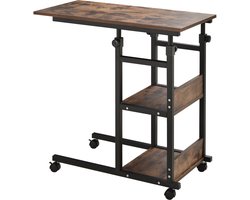 Wishdor - Bijzettafel Op Wielen - In Hoogte Verstelbaar - C-Vormig - Voor Woonkamer Of Werkkamer - Metaal En Hout - Bruin - 80 x 40 x 72-82 cm