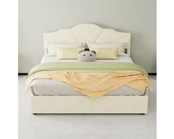 Wishdor Boxspring 160x200 cm - Soft bed met hoofdbord - Geometrisch design - Hydraulische opbergruimte - Stof en metaal - Beige - Tweepersoonsbed voor slaapkamer