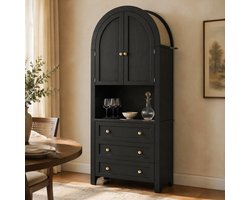 Wishdor - Buffetkast - Hoge boogkast met 3 lades en open vak - design stijl - voor keuken en woonkamer - bewerkt hout en metaal - zwart - 70 x 35 x 180 cm