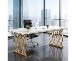 Wishdor Bureau - Chefschrijftafel - Vergadertafel met marmerlook - Metalen frame - Modern design - Voor volwassenen - Wit goud - 160 x 80 x 75 cm