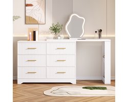 Wishdor - Bureau - Draaibaar L-vormig kaptafelbureau - 7 lades en LED-spiegel - Modern - Slaapkamer of thuiskantoor - Houtlook - Wit en goud - 110 x 40 x 129 cm