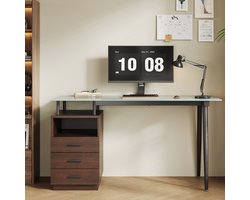 Wishdor Bureau - Met gehard glasblad en 3 lades - Open opbergvak - Modern minimalistisch - Mdf en metaal - Voor kantoor en thuiswerkplek - Bruin - 130 x 50 x 75 cm