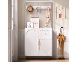 Wishdor - Compacte Halgarderobe - Verstelbare Planken En Haken - Modern - MDF - Wit En Goud - 80 x 35 x 175,5 cm