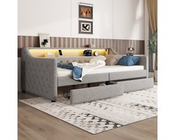 Wishdor Daybed – 90 x 200 cm – Met LED-Ambienteverlichting en Afstandsbediening – Linnen Grijs – Inclusief 2 Lades en USB-Laadpoort – Lattenbodem met 12 Latten – Stijlvol voor Slaapkamer of Logeerkamer – Stevig tot 272 kg