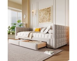 Wishdor Daybed – Uitschuifbare Slaapbank – 90 x 200 cm – Vierkante Rugleuning met Patroon – Fluweel Beige – Inclusief 2 Opberglades – Ruimtebesparend voor Woonkamer of Logeerkamer – Stevig MDF Frame