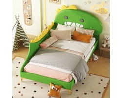 Wishdor Dinosaurus Kinderbed 90x200 cm - Groen met Gele Stekels - Zacht PU Peuterbed met Uitvalbeveiliging - Inclusief Lattenbodem
