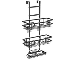 Wishdor Doucherek zonder boren - Voor inloopdouche en glazen wand - Ophangsysteem met haken - Drie lagen met scheermeshouder - Vochtbestendig metaal - Zwart - 62 cm