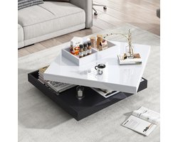 Wishdor Draaibare hoogglans salontafel 70×70×36 cm – wit bovenblad, mat zwart onderstel, 360° draaibaar, dubbel opbergniveau, draagvermogen 30 kg