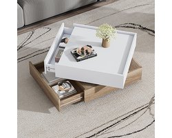 Wishdor Draaibare salontafel 360° – 2-laden, wit en walnoot, schuiflade met glijrail, ruimtebesparend ontwerp 60×60×38 cm