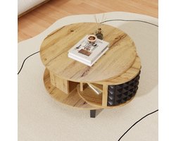 Wishdor Draaibare Salontafel met Verborgen 360° Opbergruimte, Dubbelblad Salontafel in Natuurlijk Spaanplaat, Modern Design