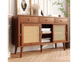 Wishdor Dressoir 120x40x78 cm van MDF, walnootkleurig met massief houten poten, 3 laden en 3 deuren, retro ontwerp