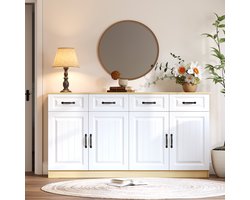 Wishdor - Dressoir - 160 cm breed - 4 lades en 4 deuren - modern minimalistisch - voor woonkamer, slaapkamer of keuken - houtlook wit en natuurlijke houtkleur